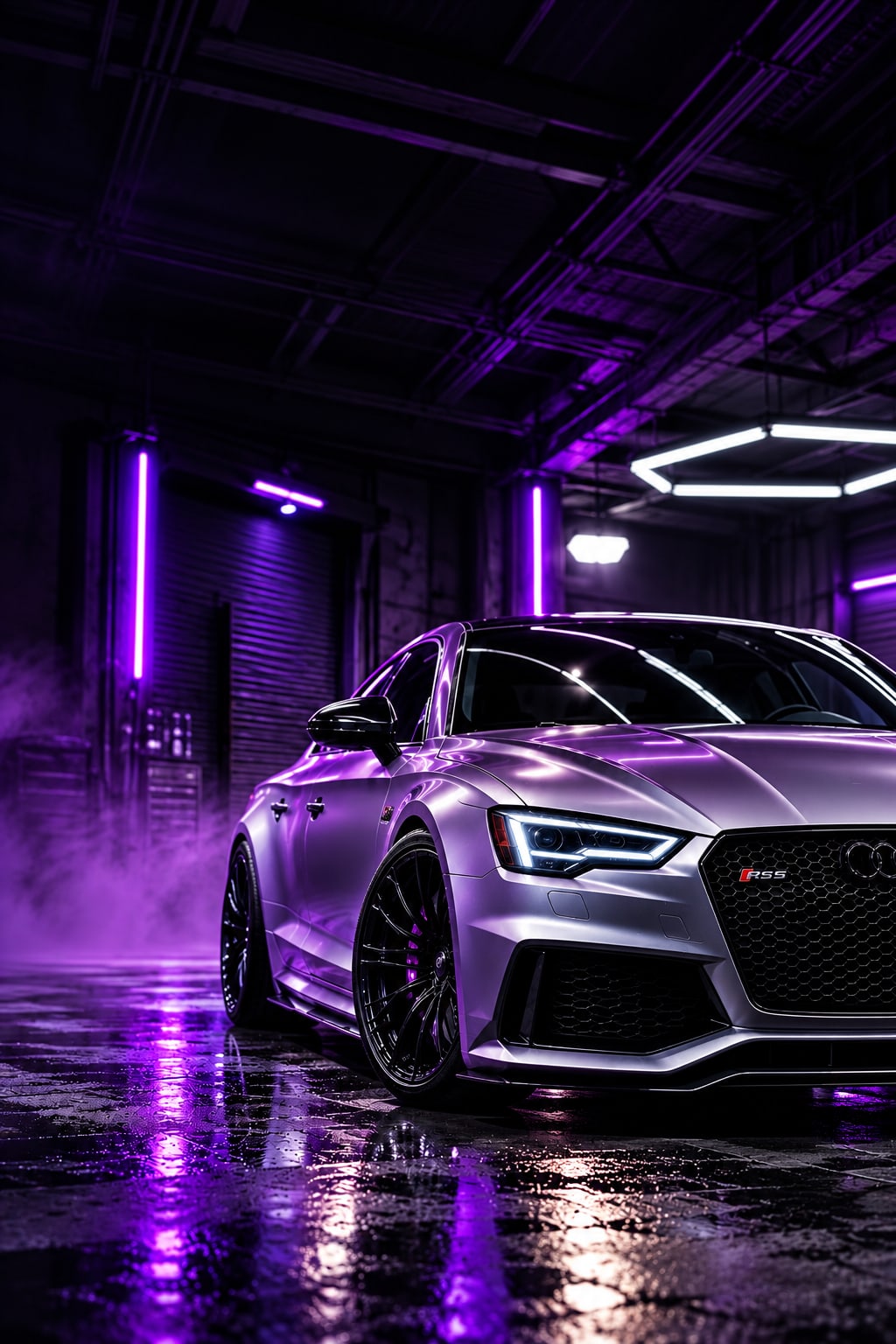 Silver wrapped Audi RS 5 in a dark garage lit with purple neon