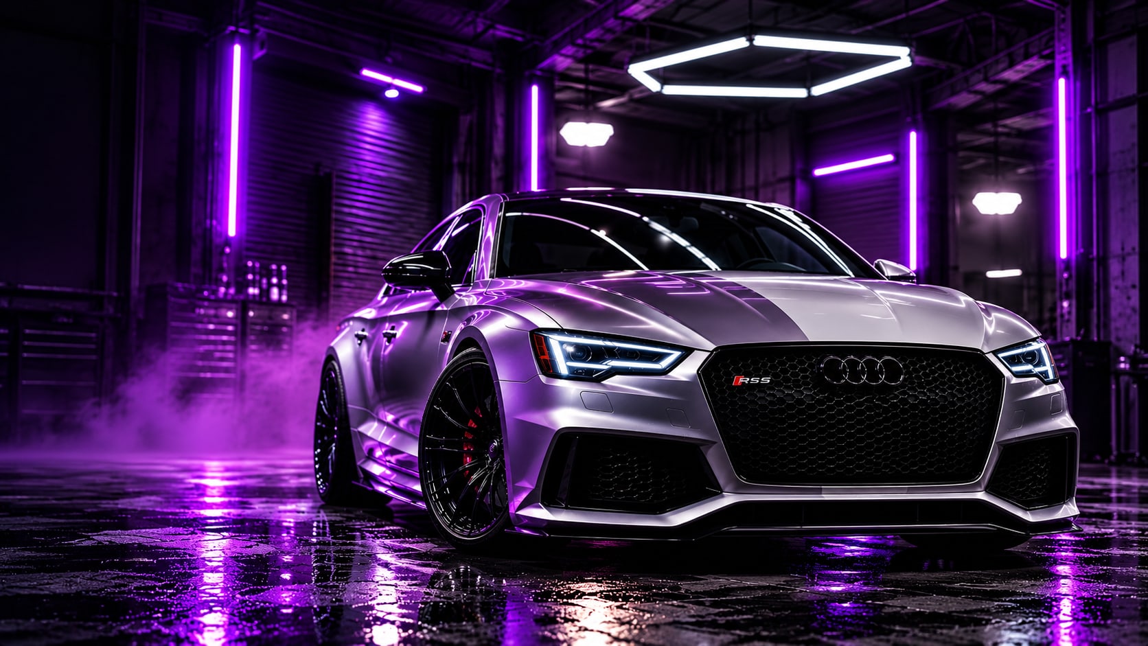 Silver wrapped Audi RS 5 in a dark garage lit with purple neon